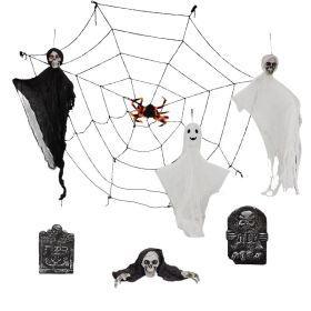 Outdoor Halloween Decorations 8-Piece Set,Hanging Ghosts Decor And Cobweb And Gravestone With Lighted Up Eyes,Scary Swinging Ghost Flying For Yard Pat
