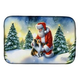 Sheltie and Santa Claus Dish Drying Mat Absorbent Dish Drying Mat Pad for Kitchen Counter Dish Drainer Mat for Countertop, 14 x 21", Multicolor