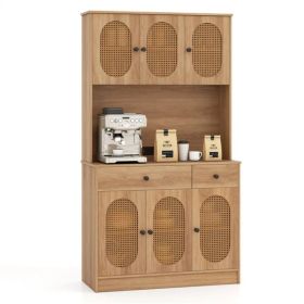 Natural Boho 6-Door Pantry Cabinet, PE Rattan Doors & Built-in Charging Station (2 AC Outlets + 2 USB Ports)