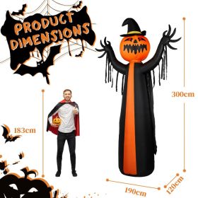 10ft Inflatable Halloween Decor With Rotatable Head Pumpkin Ghost In Cape,6 Built-in LED Lights,Black & Orange,12V 2000mA US Power Adapter