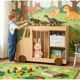 4-in-1 Kids Toy Storage Organizer with Rolling Wheels, Car Shape Wooden Bookshelf with Fabric Drawer for Playroom Nursery, Age 3+ Natural
