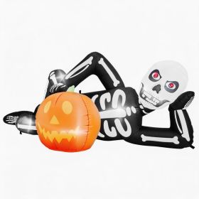 7ft Inflatable Halloween Decor With Lying Skeleton,7 Built-in LED Lights,Black & White,12V 1250mA US Power Adapter