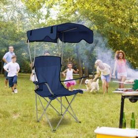 Foldable Beach Canopy Chair Sun Protection Camping Lawn Canopy Chair 330LBS Load Folding Seat w/ Cup Holder For Beach Poolside Travel Picnic (Option: NavyBlue)