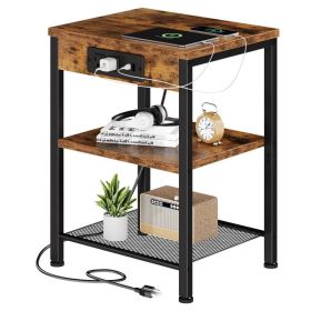 15.7-inch small side table with charging device, coffee table with socket and USB interface, three-layer adjustable storage bedside cabinet (Option: Brown/1P)