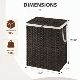 Laundry Basket With Lid, Hand-Woven PP Rattan, Foldable, Removable Liner, With Handle (Option: Brown 90L)