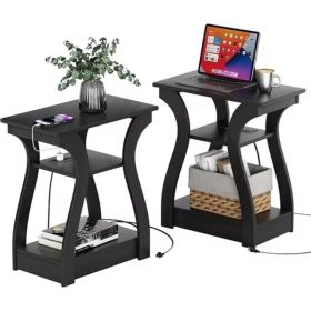 3-Tier Nightstand with Charging Station, Modern Bedside Table with USB Ports And Outlets, Slim End Table for Bedroom, Small Apartment, Dorm Room (Option: Black/2P)
