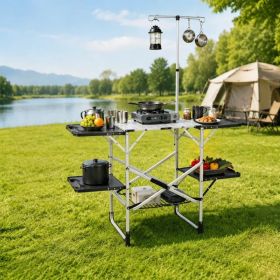 Foldaway Outdoor Cooking Table with Detachable Lamp Holder 4 Fold Side Trays Mesh Storage Shelf, Cross Brace Support Max 154lbs Weight Capacity Built- (Option: Silver)