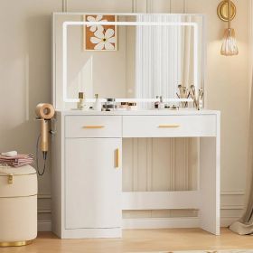 Mirror and Lights, Makeup Vanity Table with Charging Station , 2 Drawers & Large Cabinet, 3 Lighting Color Adjustable, Dressing Table (Option: Light strips)