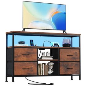 TV stand, 4 drawers, with LED lights and power sockets, 50-inch TV living room furniture, with open shelves and adjustable feet (Option: BROWN)