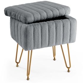 Vanity Stool Chair with Storage, Ottoman Faux Fur Soft Padded Makeup Footstools Seat with 4 Metal Legs Anti-Slip Adjustable Feet Modern (Option: Gray)