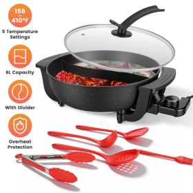 6L Electric Hot Pot with Divider 1100W Dual-Flavor Pot Shabu Shabu Pot Non-Stick with 5-Temp Control for Shabu Shabu Fondue Perfect for Family Gatheri (Option: BLACK)
