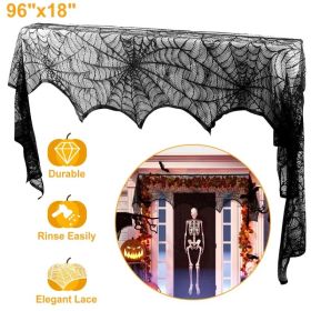 Halloween Fireplace Mantle Scarf - 96x18 Inch Black Lace Scarf with Spider Web, Bat & Spider Design, Lightweight Durable - Ideal for Haunted House, Pa (Option: 1pcs)