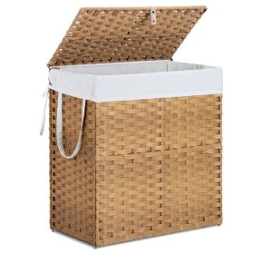 Laundry Basket with Lid, 110 L Hand-Woven Pp Rattan Laundry Basket with Compartments & Handles, Foldable, Removable Liner (Option: yellow/110L)
