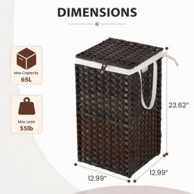 Laundry Basket With Lid, Hand-Woven PP Rattan, With Handle, Foldable, Removable Liner (Option: Brown 65L)