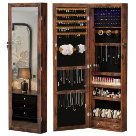 Wall-Mount/Door-Hanging Jewelry Armoire Large Capacity Mirror & LED Lights Lockable Organizer, 47.2-Inch Tall 6 LEDs Lockable Jewelry Cabinet (Option: BROWN)
