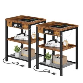15.7-inch small side table with charging device, coffee table with socket and USB interface, three-layer adjustable storage bedside cabinet (Option: Brown/2P)
