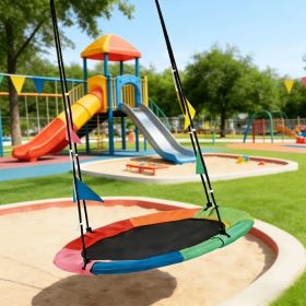 Flying Saucer Swing, 33"-63" Adjustable Height Tree Swing with 4 Detachable Flags, Playground Swing (Option: Rainbow)